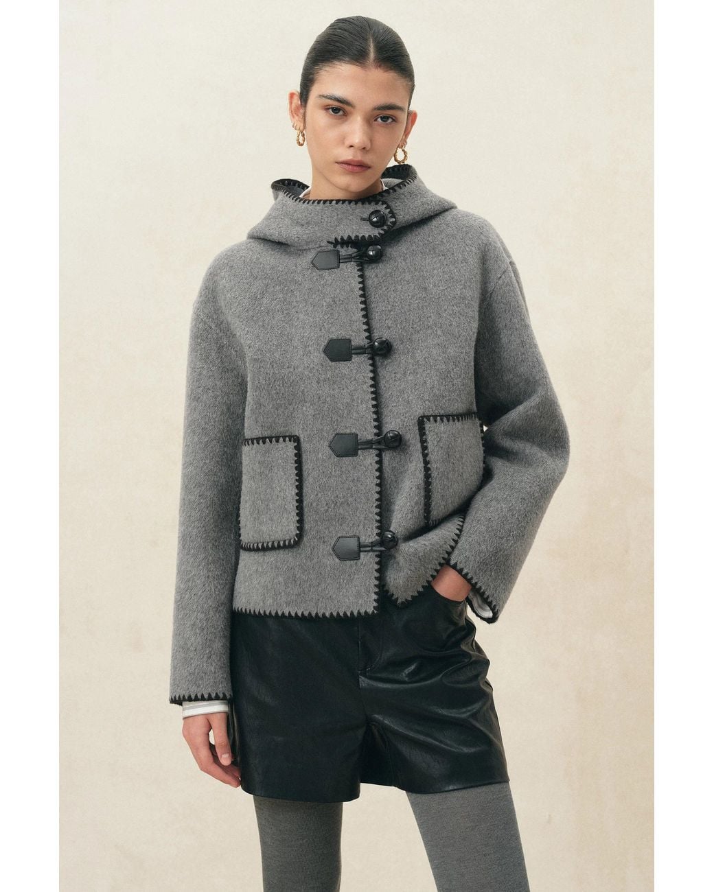 Fabrique Gray Carina Embroidered Hooded Cropped Coat