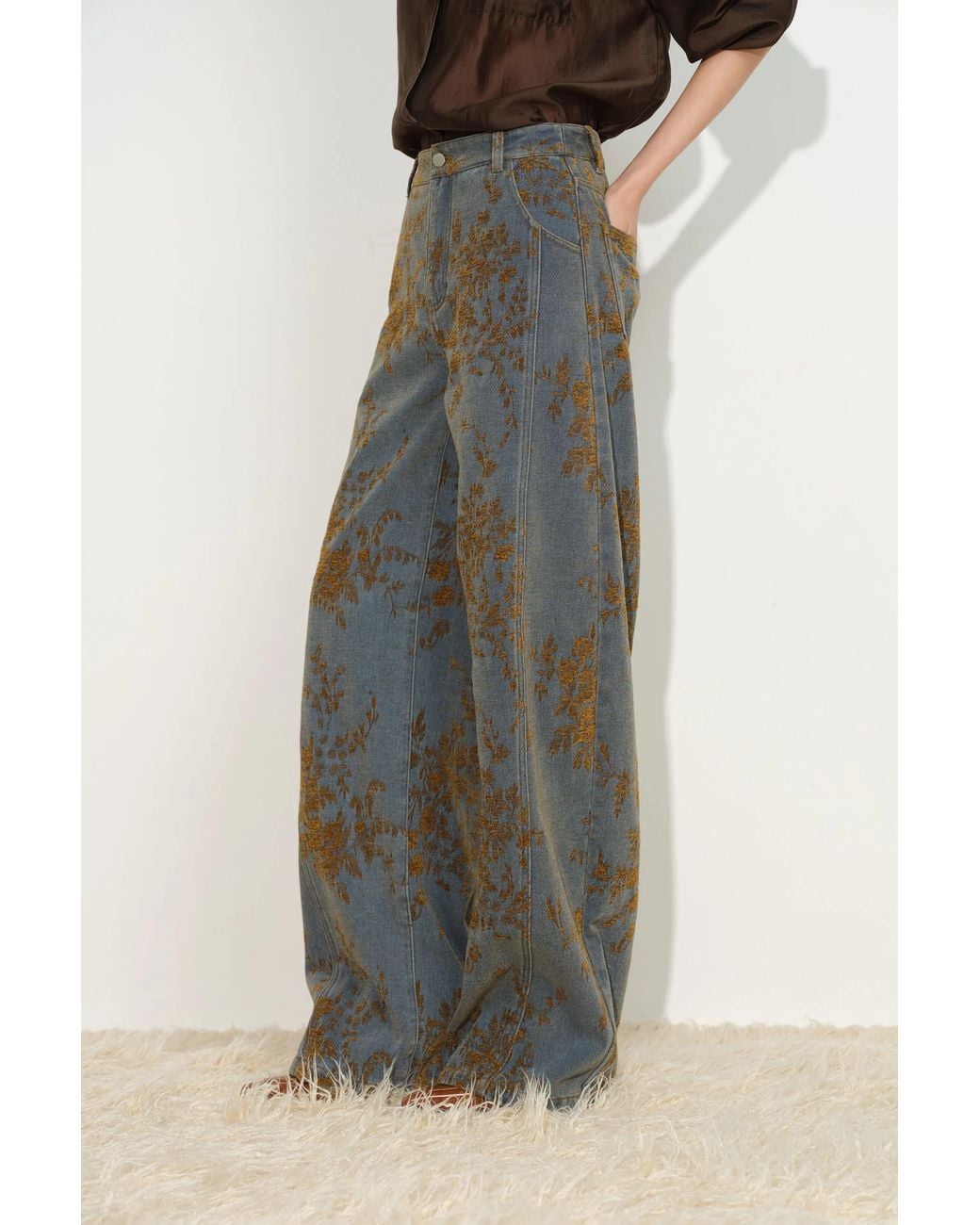 Fabrique Blue Natalie Contrast Flocked Jacquard Barrel Leg Jeans
