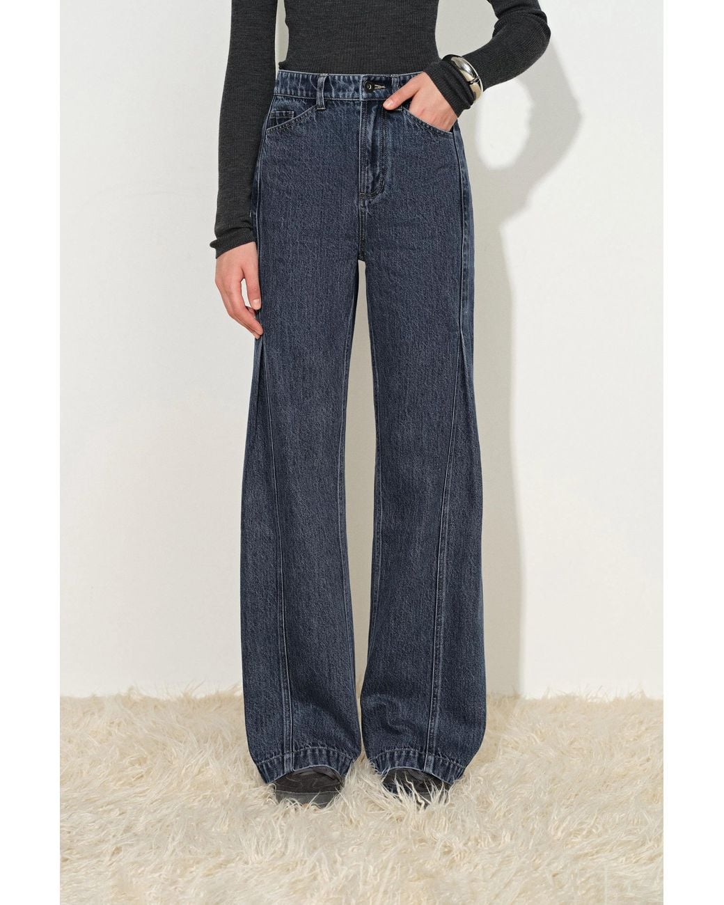 Fabrique Blue Avery Pleated Deconstructed Straight Leg Jeans