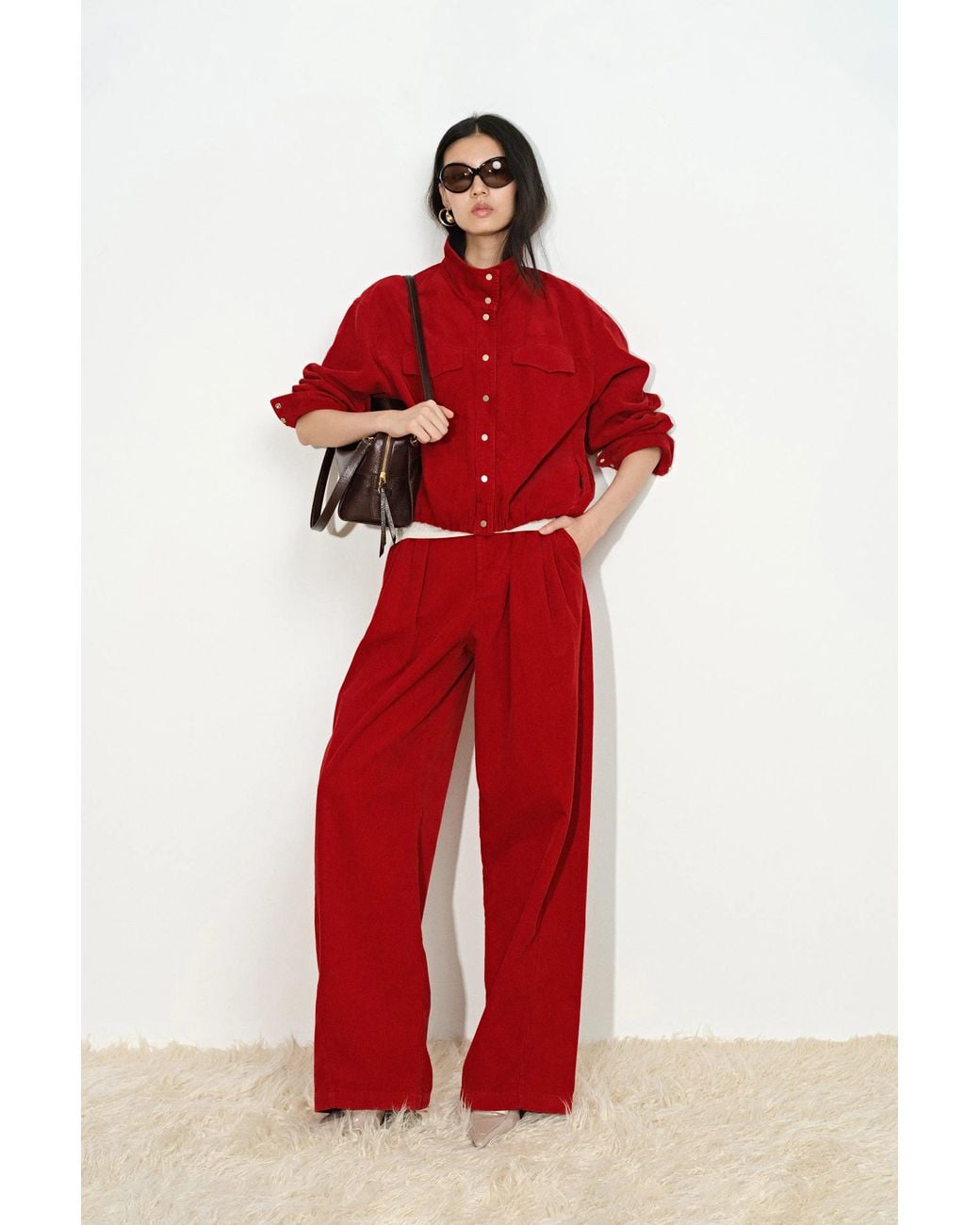 Fabrique Red Honora Pleated Wide Leg Pants