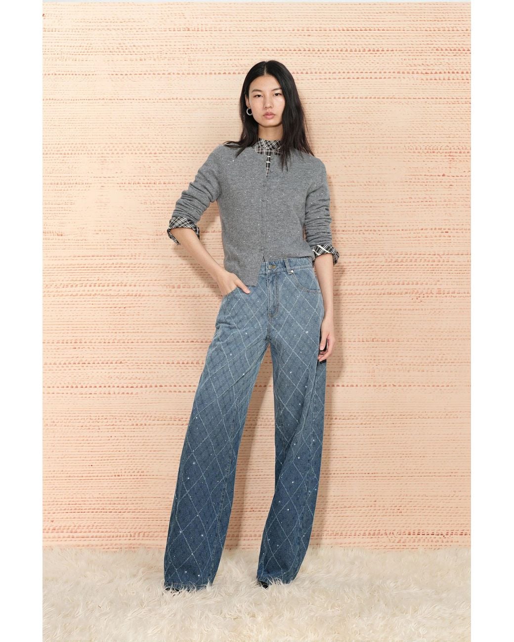 Fabrique Blue Liora Crystal Embellished Crochet Argyle Jeans