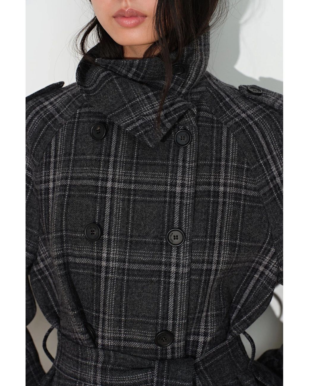 Fabrique Black Ainsley Plaid Belted Stand Collar Jacket
