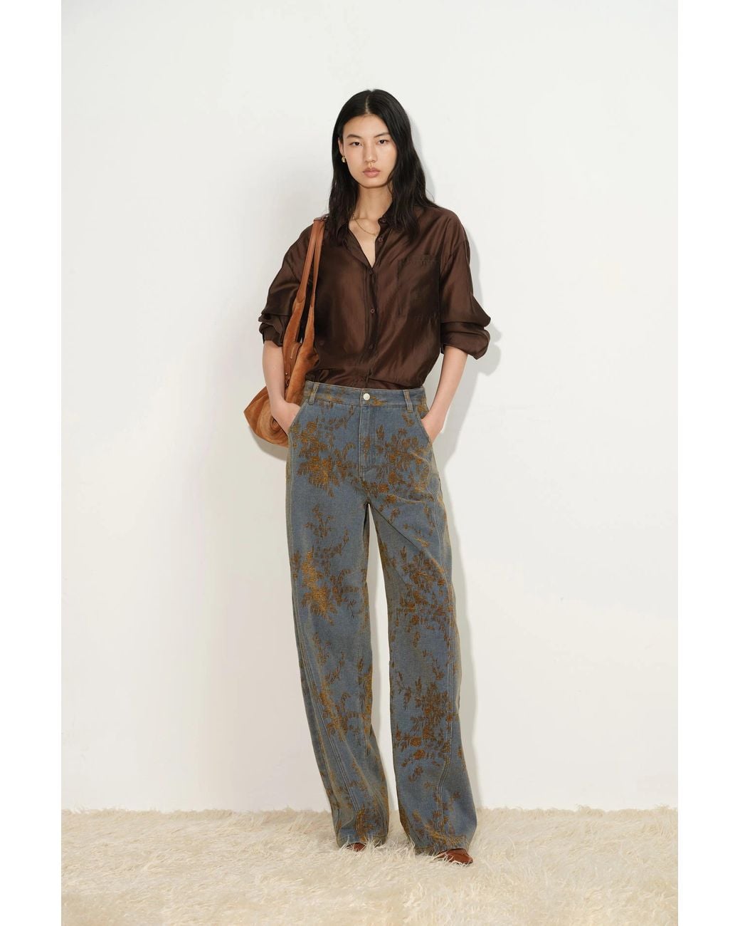 Fabrique Blue Natalie Contrast Flocked Jacquard Barrel Leg Jeans