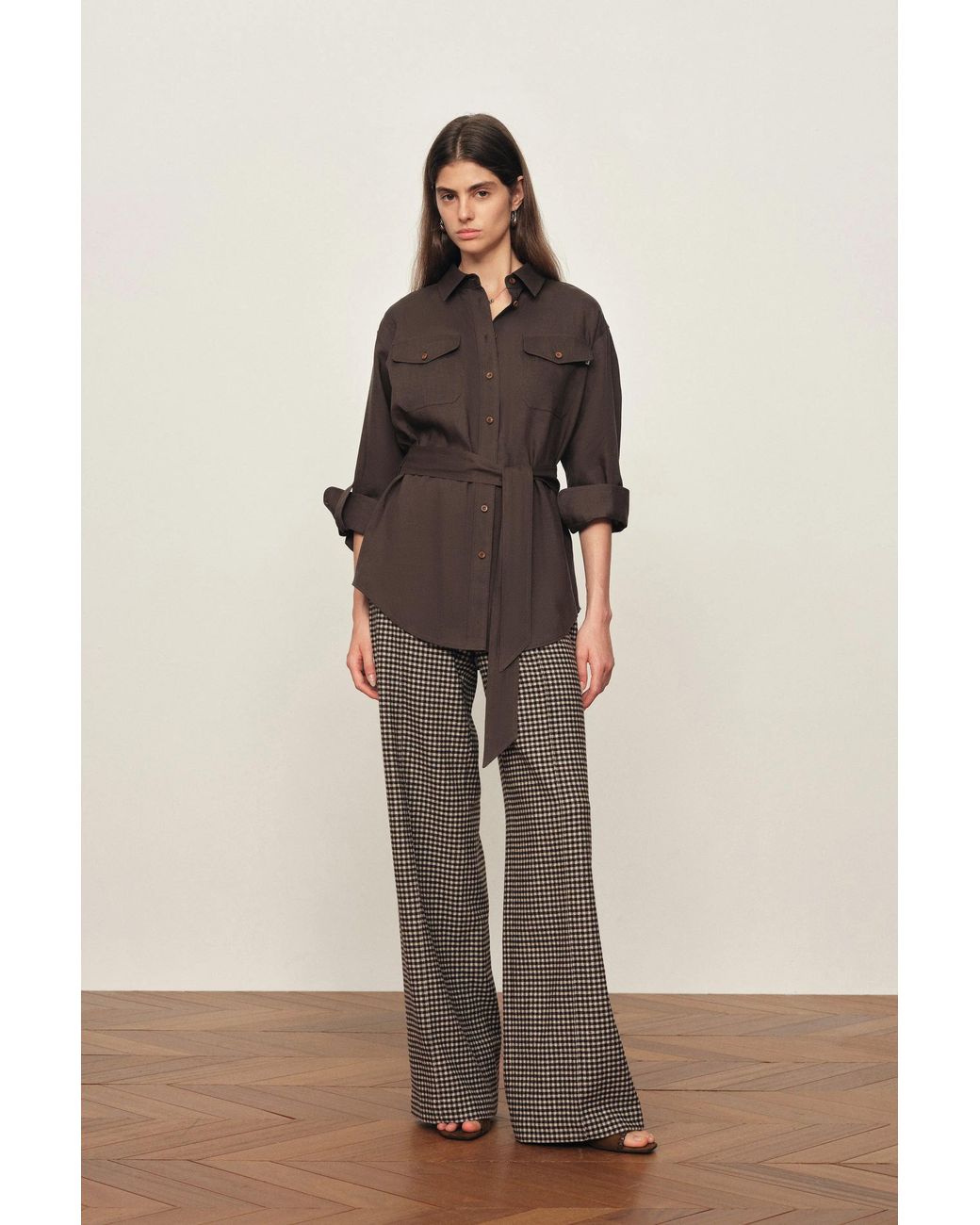 Fabrique Black Faye Belted Roll Tab Sleeves Safari Blouse