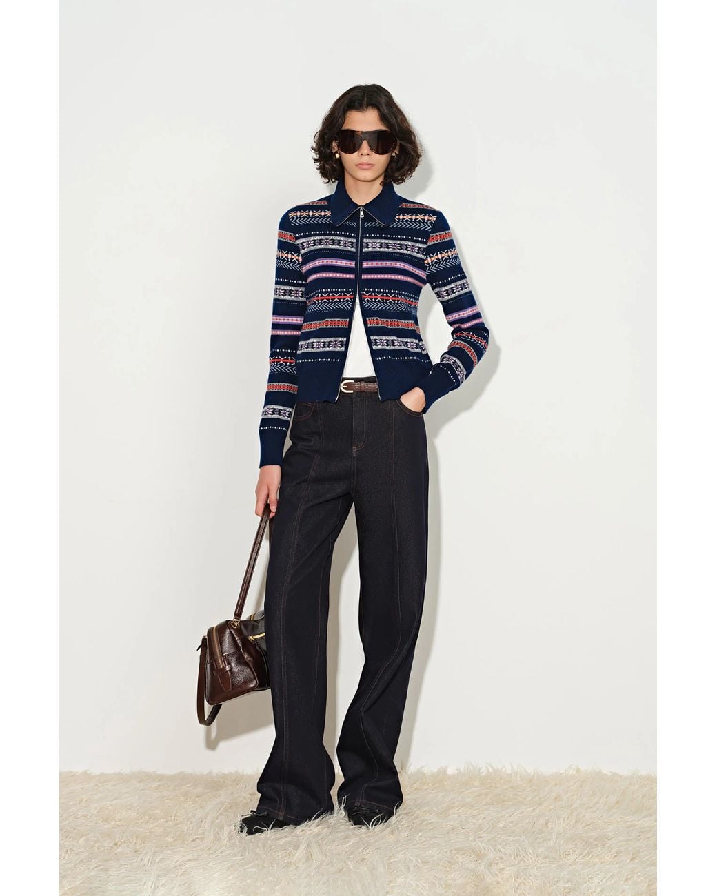 Fabrique Blue Isla Fair Isle Cropped Polo Cardigan