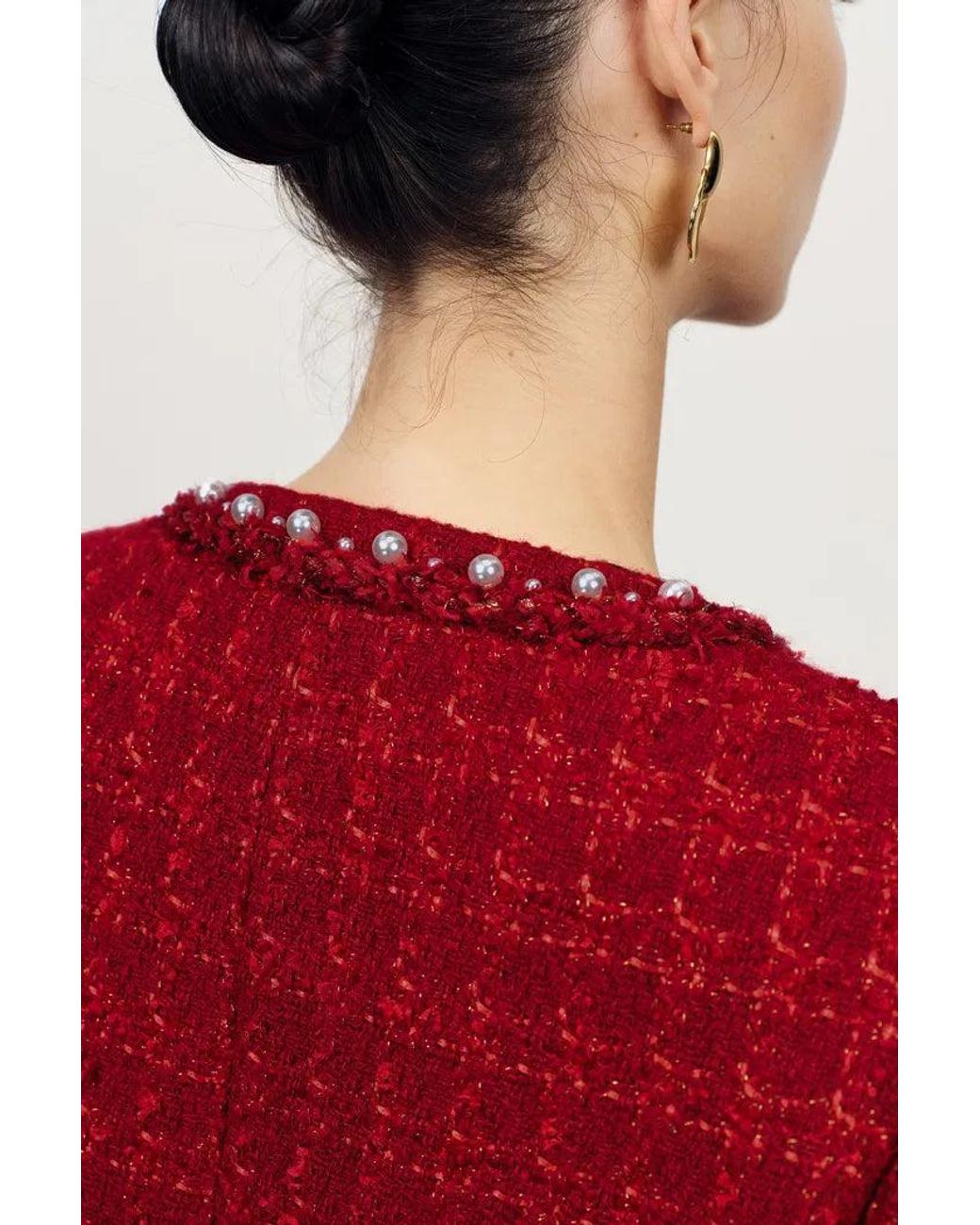 Fabrique Red Seraphina Pearl Beaded Trims Boxy Jacket