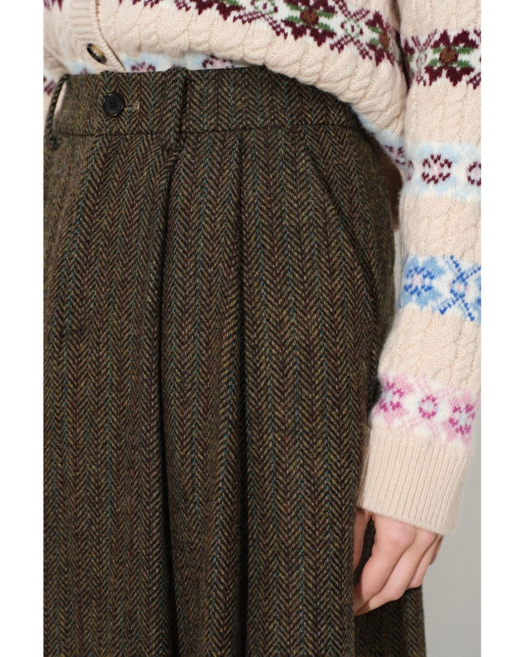 Line Cs Shape Fabrique Camber Pleated Herringbone Midi Skirt in Green | Lyst