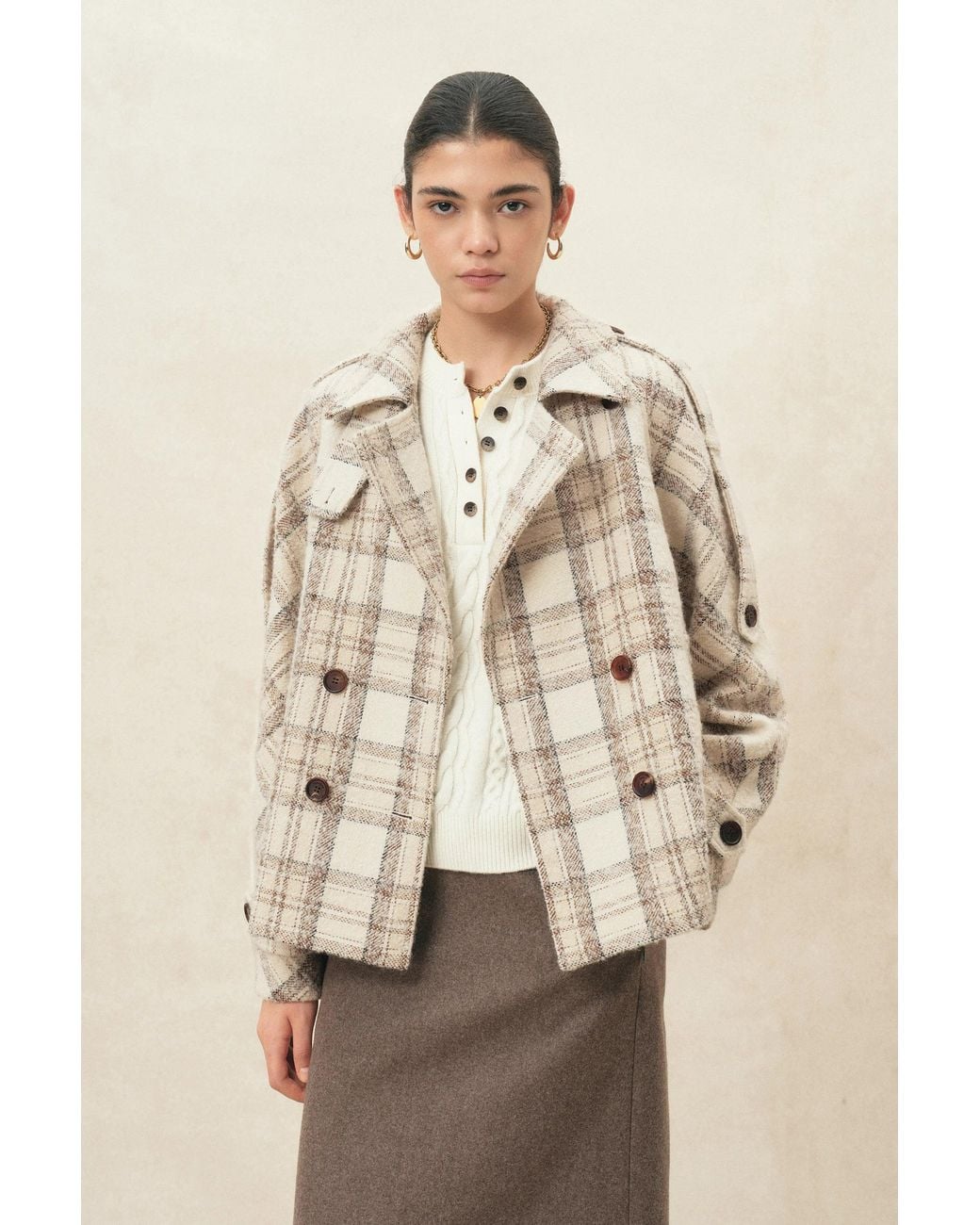 Fabrique Natural Fleur Textured Plaid Cropped Coat