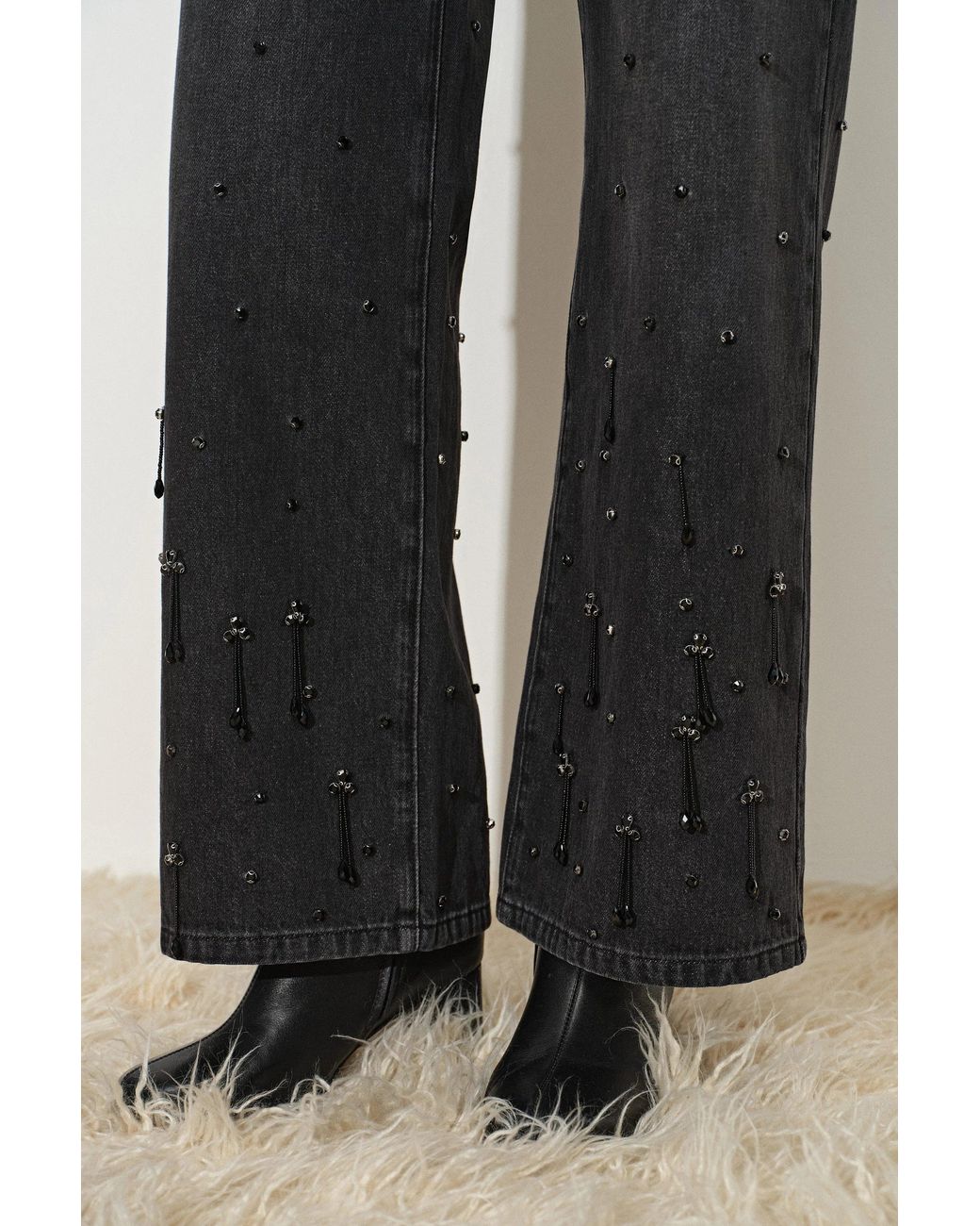 Fabrique Black Nia Hand Studded Fringed Straight Leg Jeans