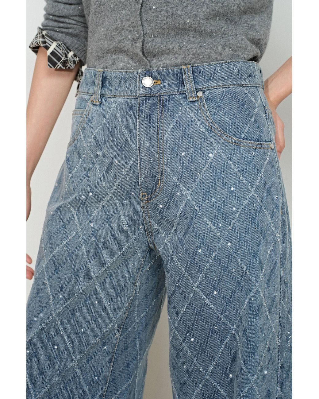 Fabrique Blue Liora Crystal Embellished Crochet Argyle Jeans