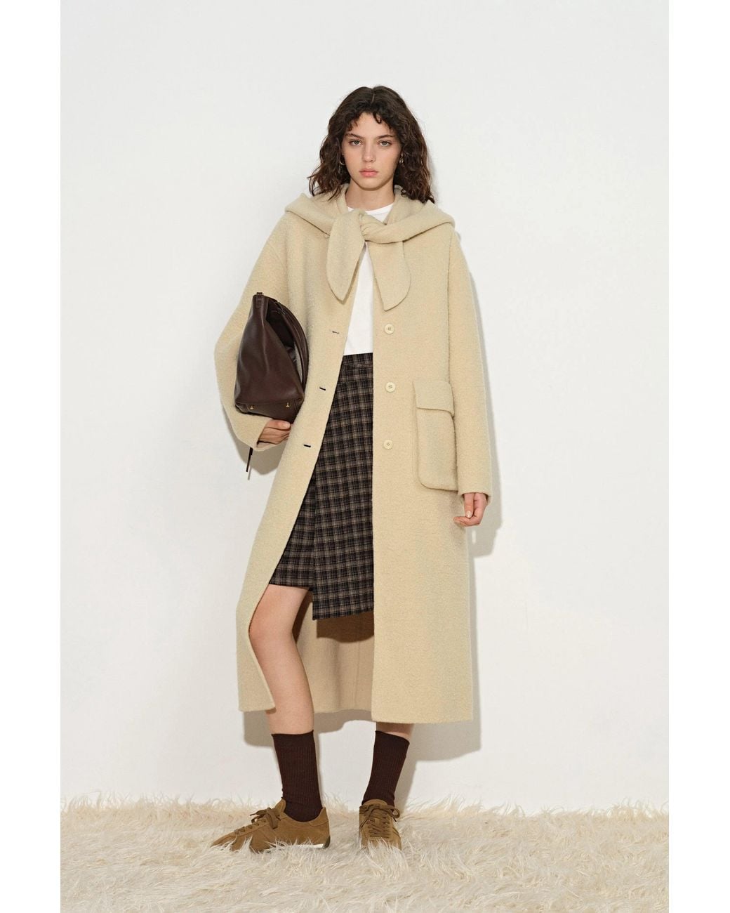 Fabrique Gray Harlan Textured Hooded Scarf Maxi Coat