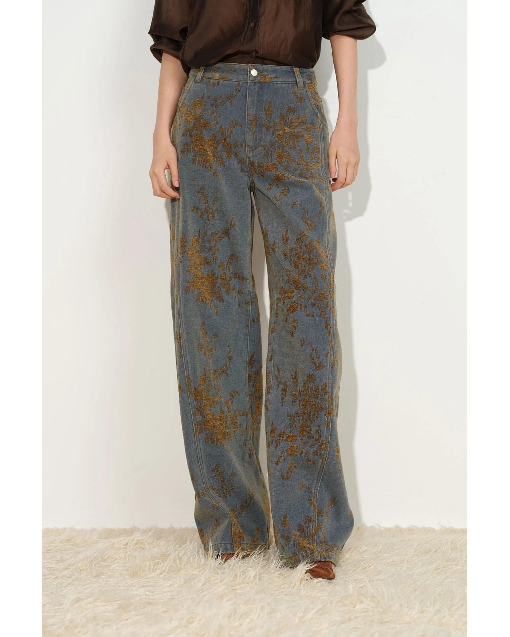 Fabrique Blue Natalie Contrast Flocked Jacquard Barrel Leg Jeans