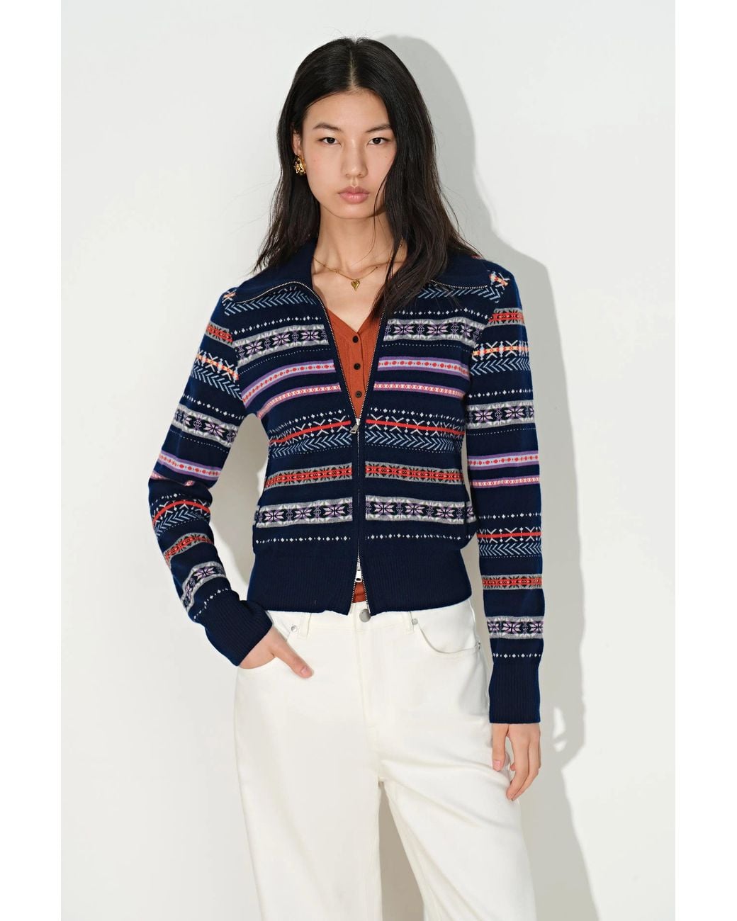 Fabrique Blue Isla Fair Isle Cropped Polo Cardigan