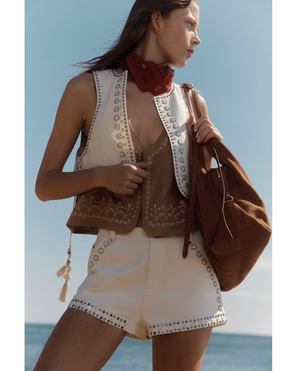Fabrique Brown Charlie Boho Mother Of Pearl Studded Side Tassel Tie Vest Top And Shorts Set