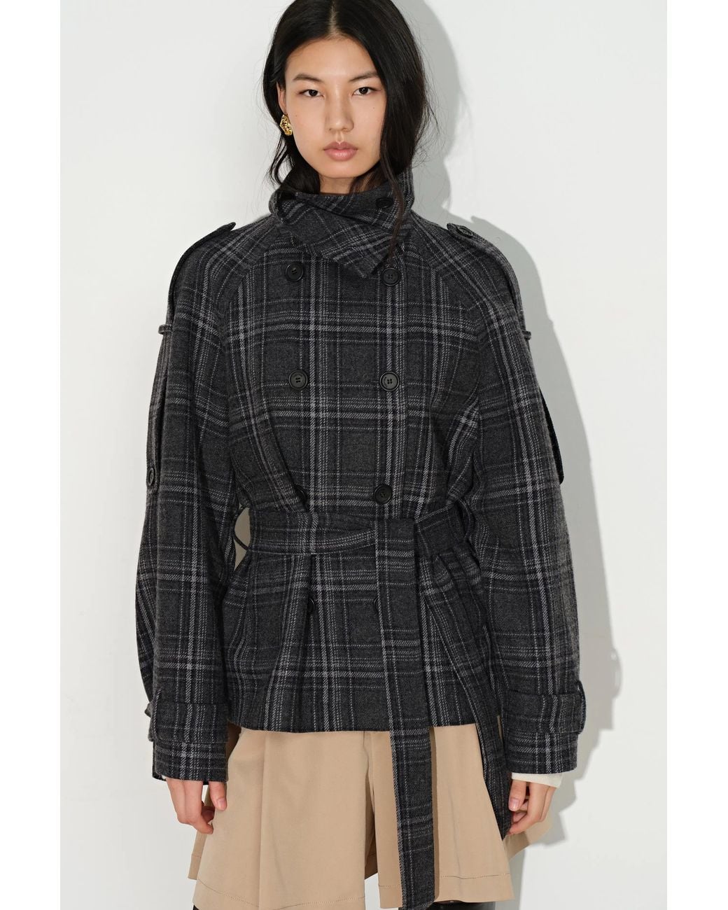 Fabrique Black Ainsley Plaid Belted Stand Collar Jacket