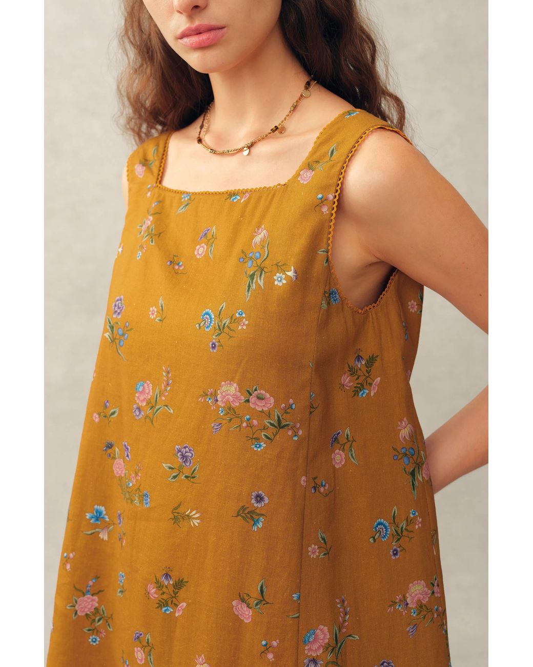 Fabrique Natural Mary Floral Square Neck Sleeveless Short Strap Dress
