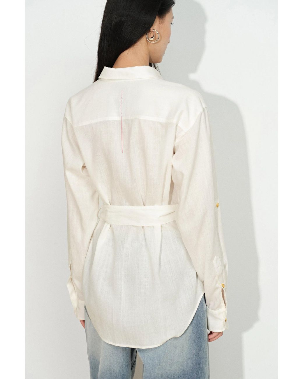 Fabrique Blue Faye Belted Roll Tab Sleeves Safari Blouse