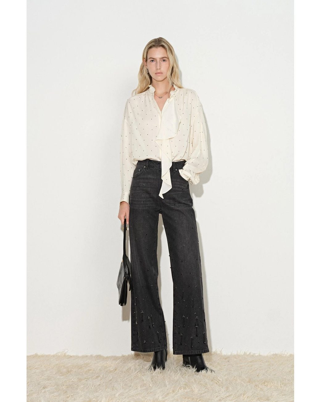 Fabrique Black Nia Hand Studded Fringed Straight Leg Jeans
