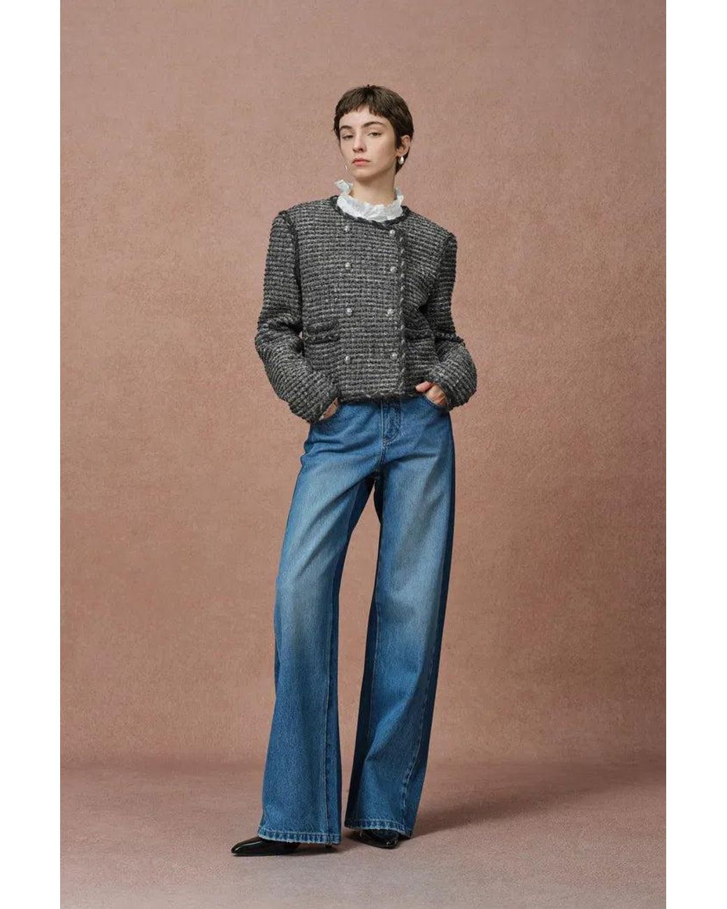 Fabrique Blue Sloane Double Breasted Metallic Trim Tweed Jacket