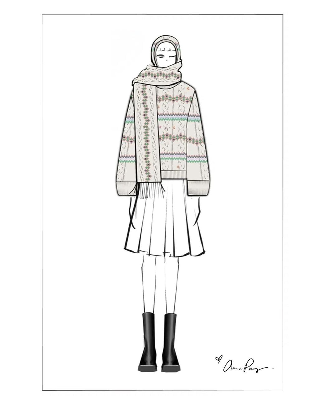 Fabrique Natural Audrey Fair Isle Fringed Hooded Scarf
