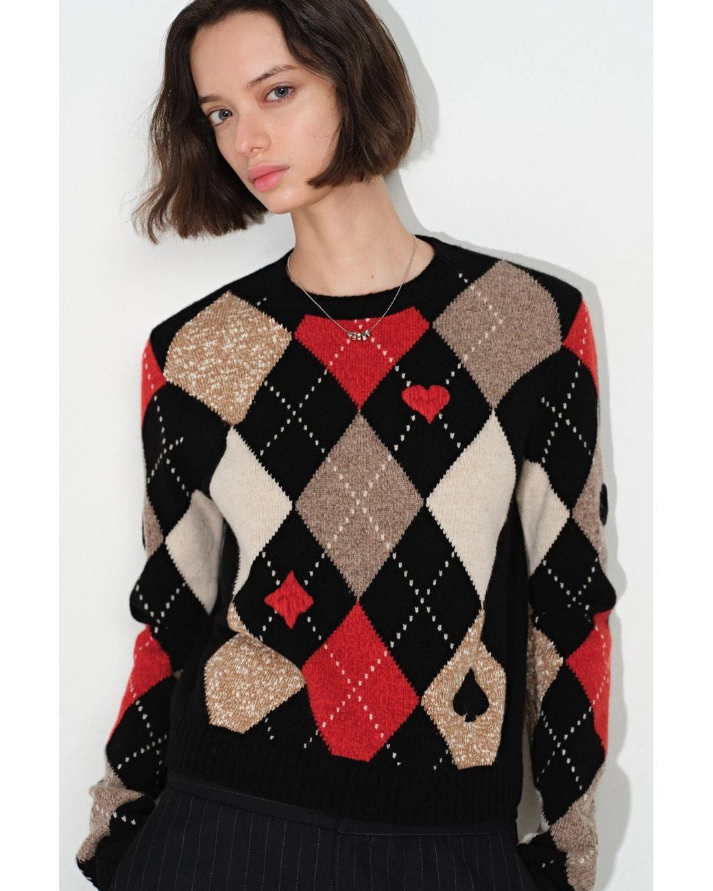 Fabrique Blue Vittoria Hand Embroidery Argyle Sweater