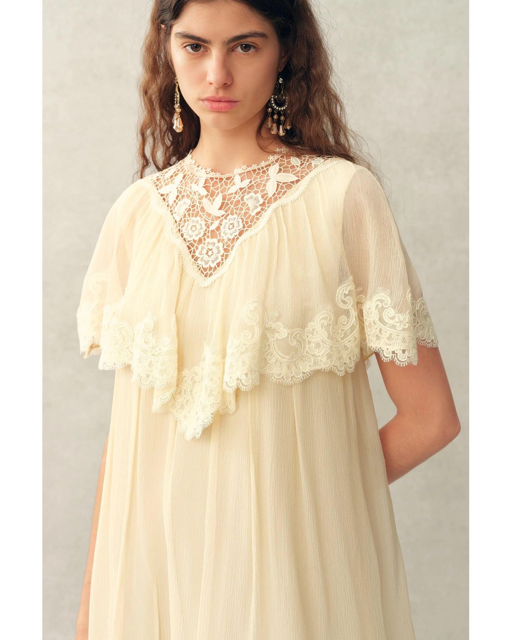 Fabrique Brown Sophia Lace Embroidery Capelet Short Sleeve Dress