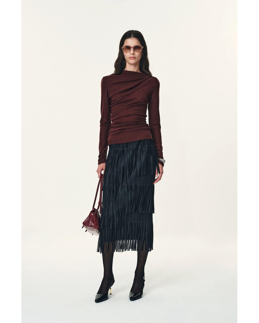 Fabrique Blue Hilda Ruched Asymmetric Fringe Skirt