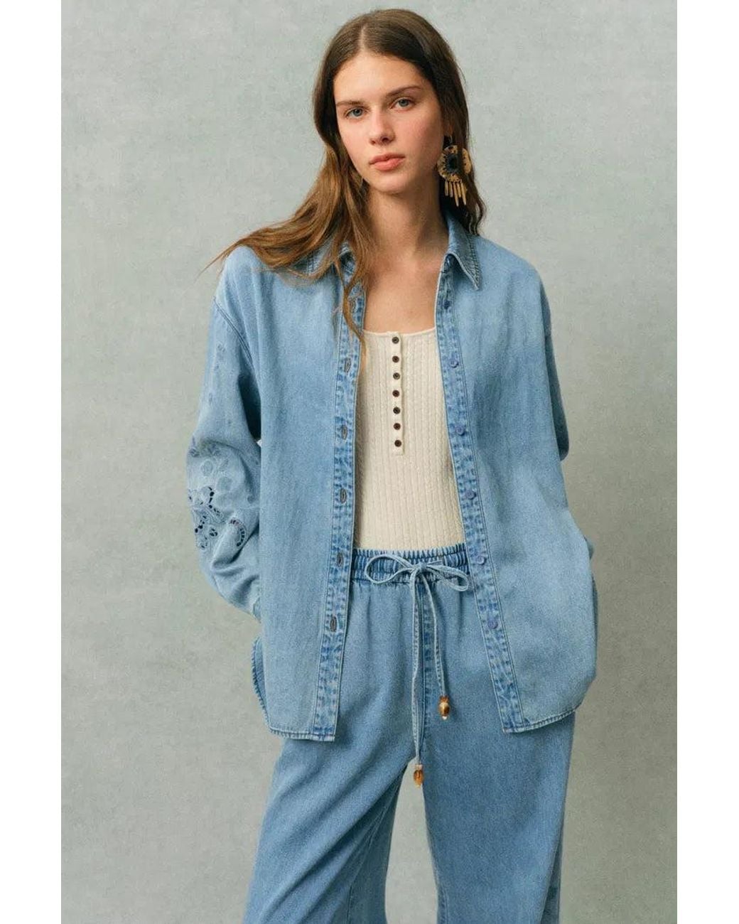 Fabrique Blue Vinetta Curved Button Placket Floral Embroidered Shirt