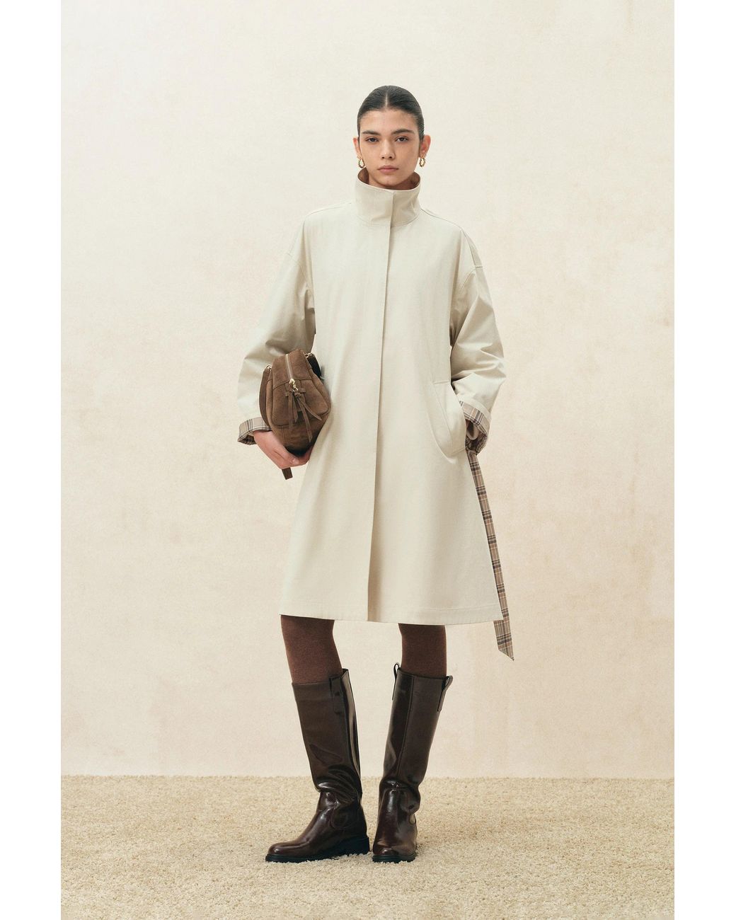 Fabrique Natural Melody Plaid Accent Trench Coat