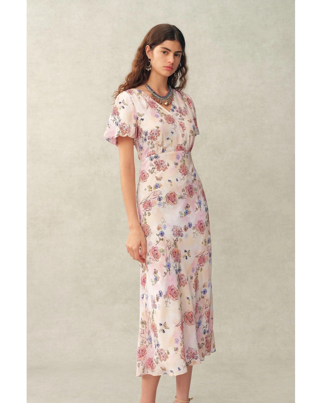 Fabrique Natural Coco Handpainted Floral Puff Sleeve Cinched Dress