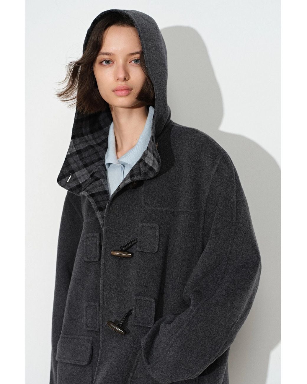 Fabrique Black Aeliana Plaid Hooded Midi Coat