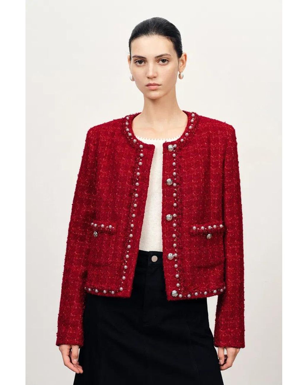 Fabrique Red Seraphina Pearl Beaded Trims Boxy Jacket