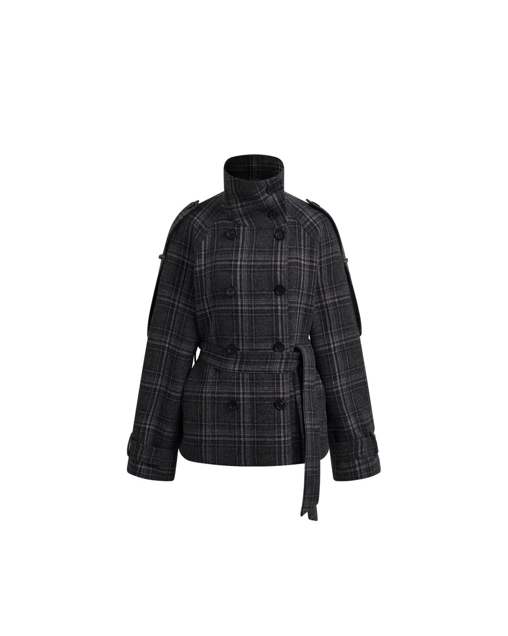 Fabrique Black Ainsley Plaid Belted Stand Collar Jacket