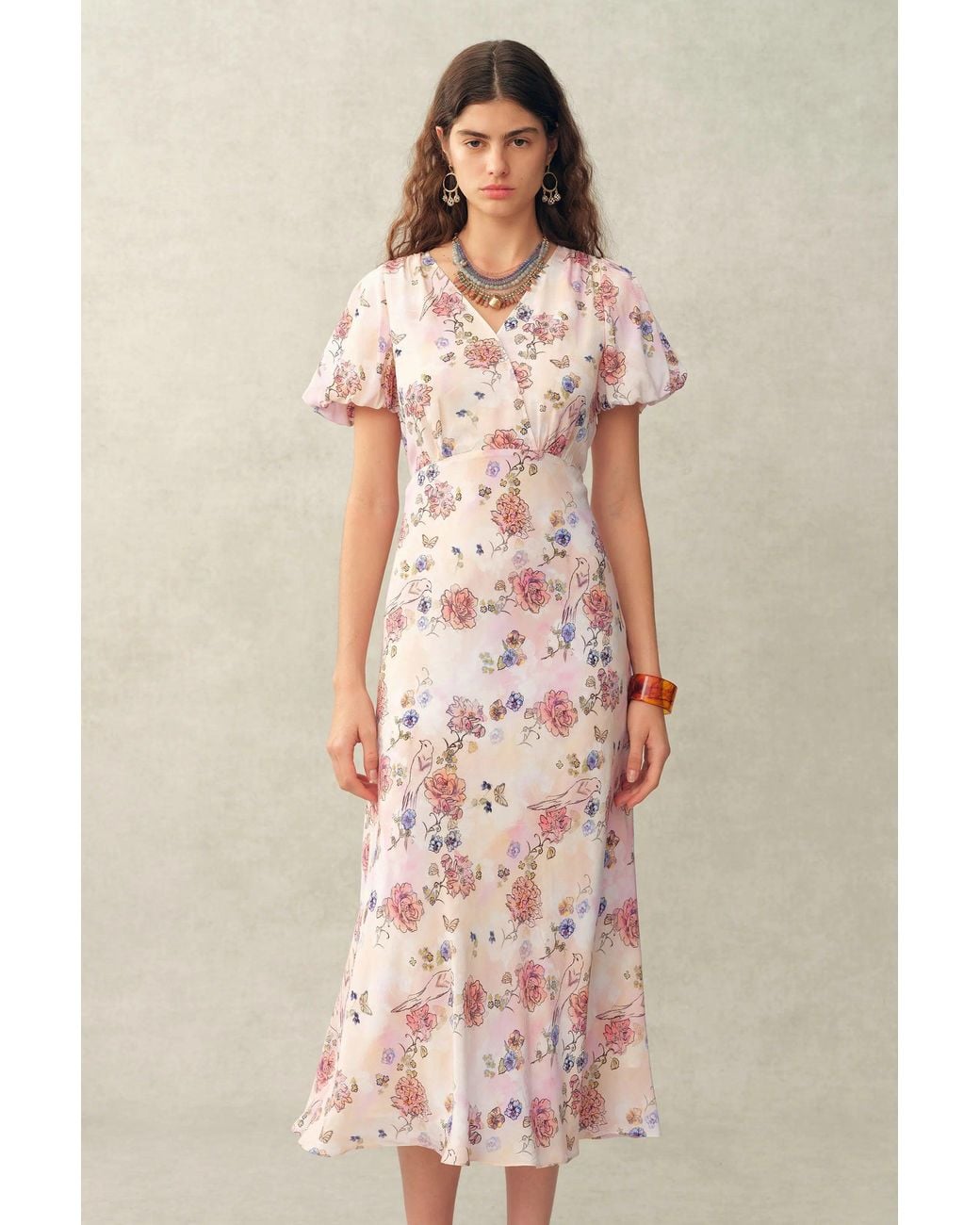 Fabrique Natural Coco Handpainted Floral Puff Sleeve Cinched Dress