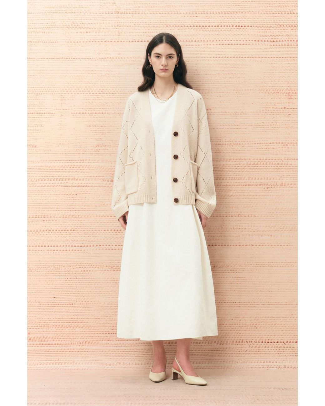 Fabrique Natural Kaia Argyle Openwork Cardigan