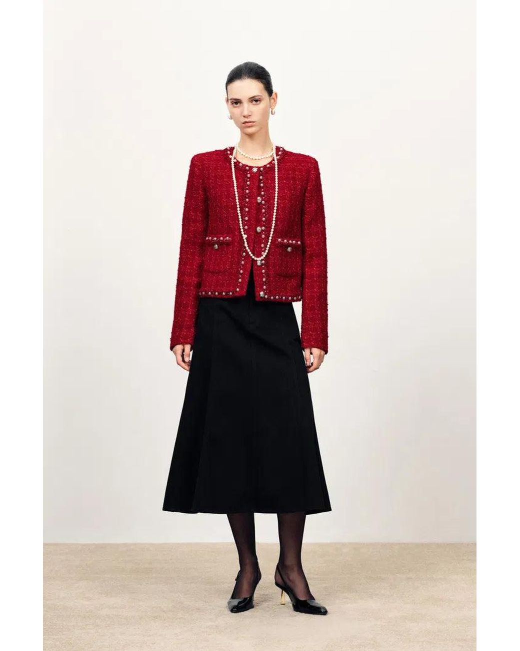 Fabrique Red Seraphina Pearl Beaded Trims Boxy Jacket