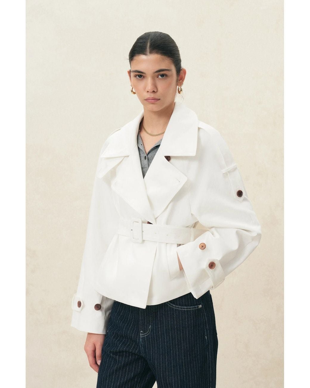 Fabrique Natural Minsmere Structured Belted Cropped Trench Coat