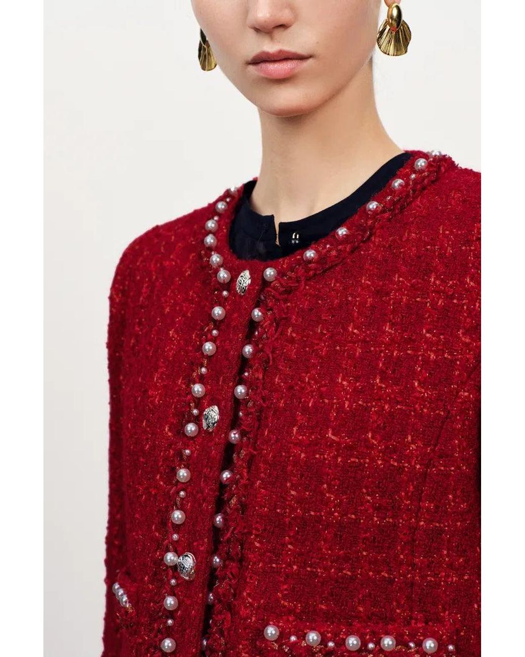 Fabrique Red Seraphina Pearl Beaded Trims Boxy Jacket