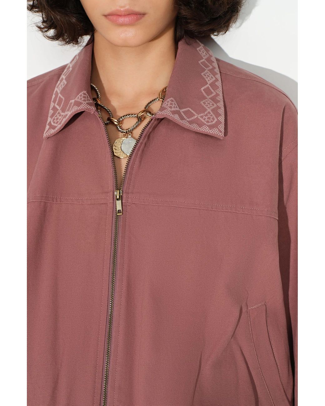 Fabrique Pink Aurora Embroidery Cropped Bomber Jacket