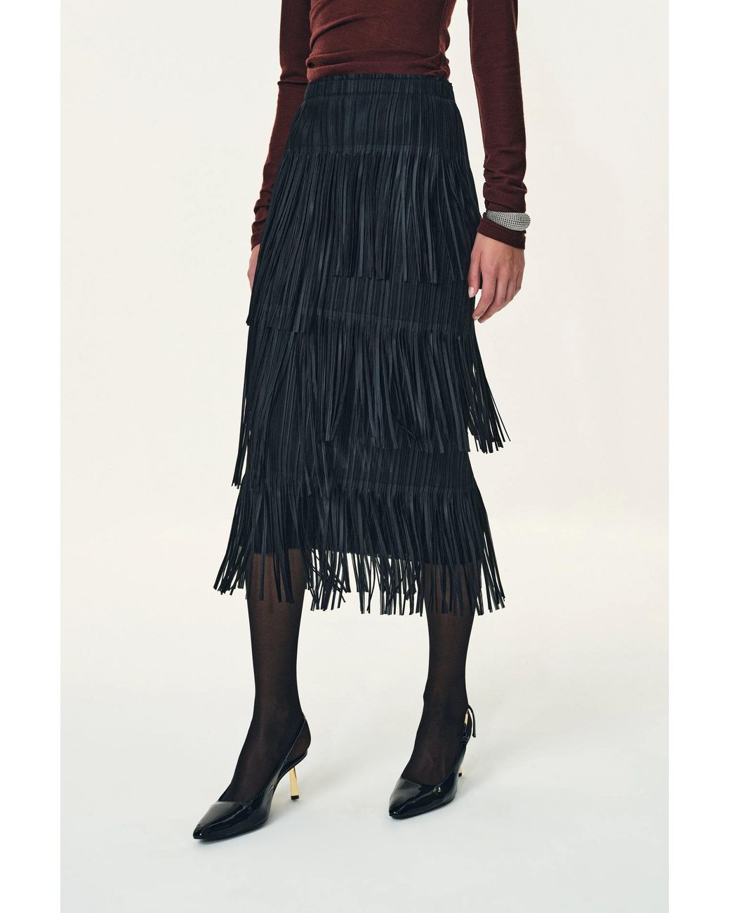Fabrique Blue Hilda Ruched Asymmetric Fringe Skirt