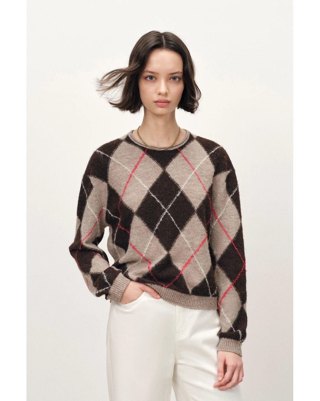 Fabrique Natural Ash Embroidered Contrast Argyle Sweater