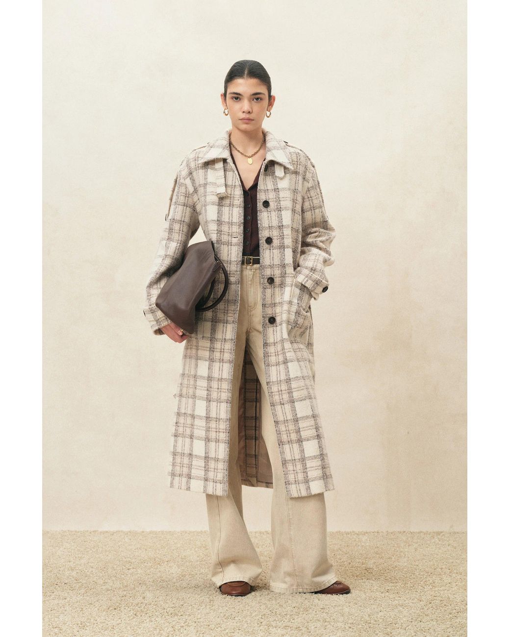 Fabrique Multicolor Fleur Textured Plaid Belted Long Coat