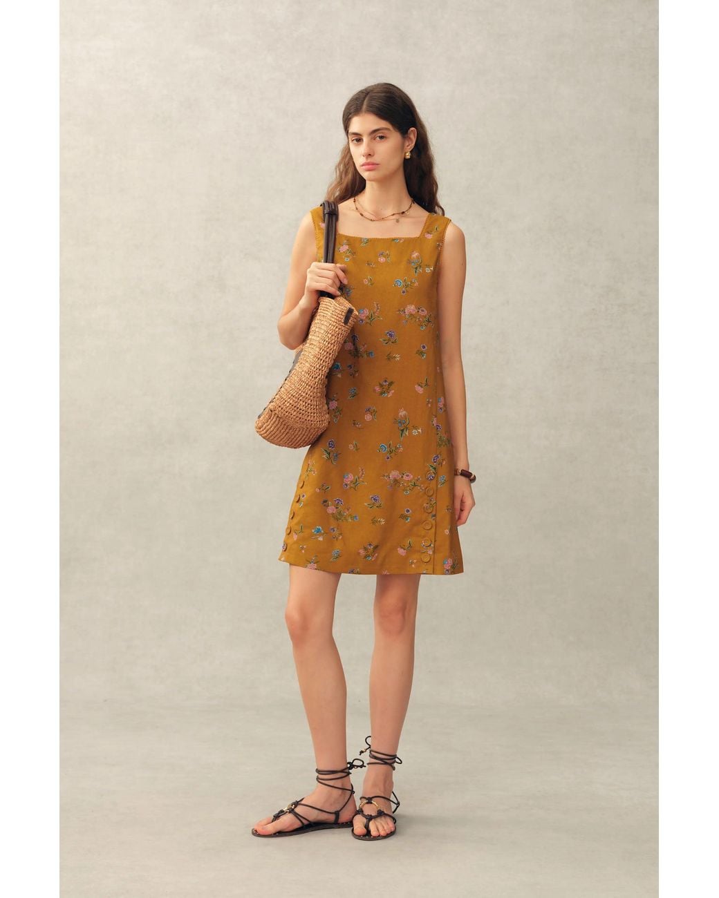 Fabrique Natural Mary Floral Square Neck Sleeveless Short Strap Dress