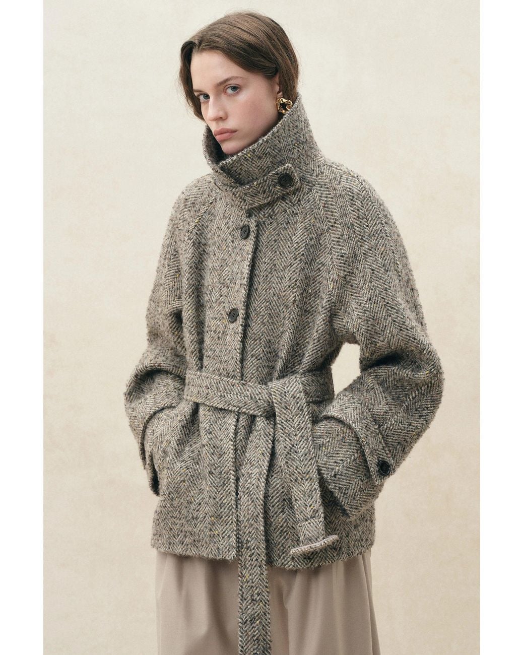 Fabrique Natural Eleanor Flecked Herringbone Cropped Coat