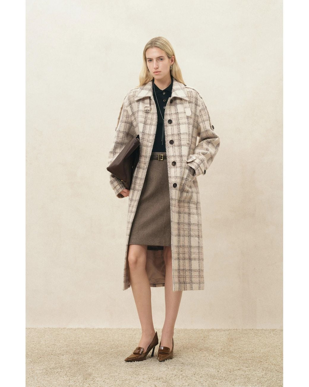 Fabrique Multicolor Fleur Textured Plaid Belted Long Coat