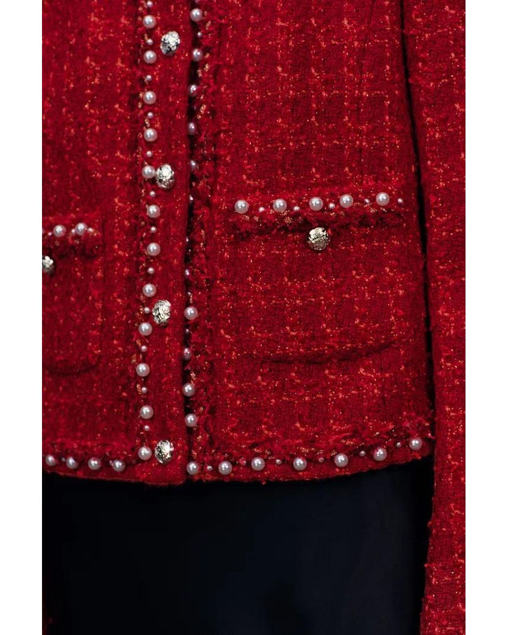 Fabrique Red Seraphina Pearl Beaded Trims Boxy Jacket