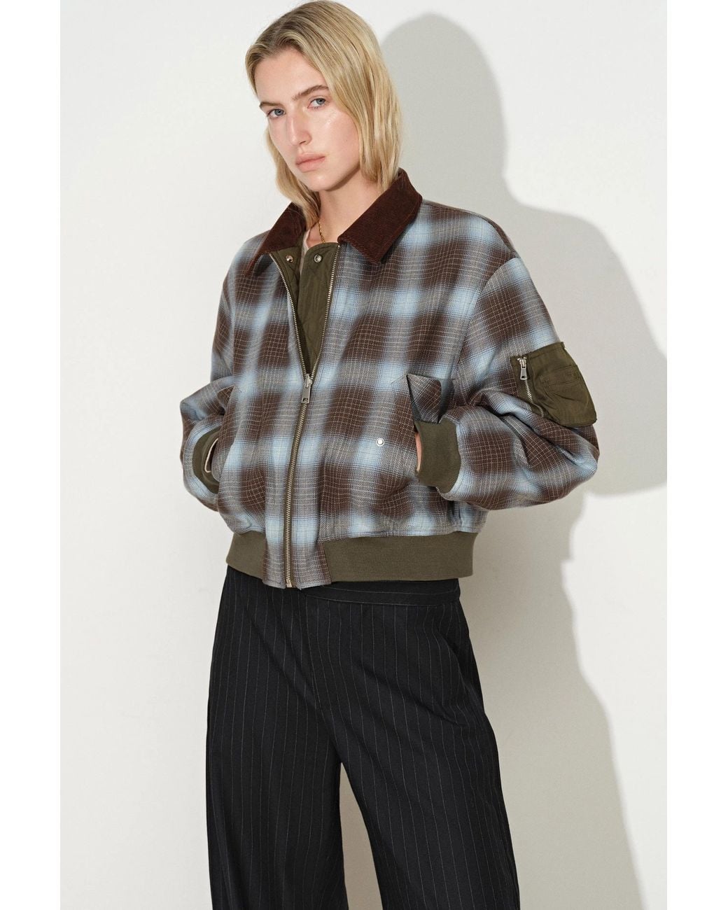 Fabrique Multicolor Minka Reversible Quilted Plaid Bomber Jacket