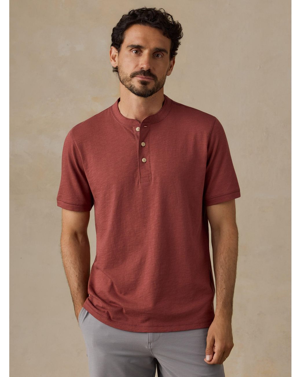 Faherty Brand Red Short-Sleeve Sunwashed Regenerative Henley T-Shirt for men
