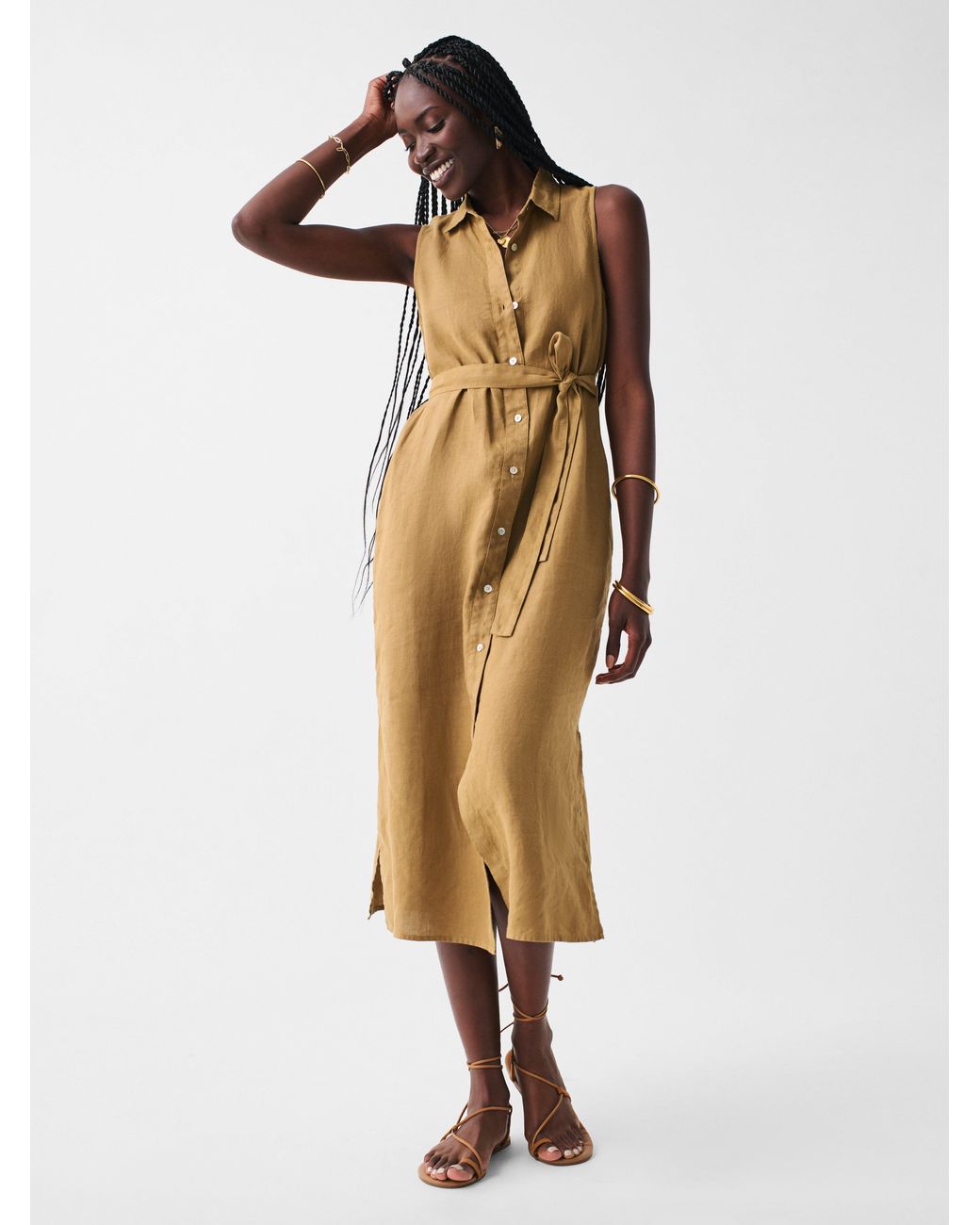 Khaki sleeveless 2025 shirt dress