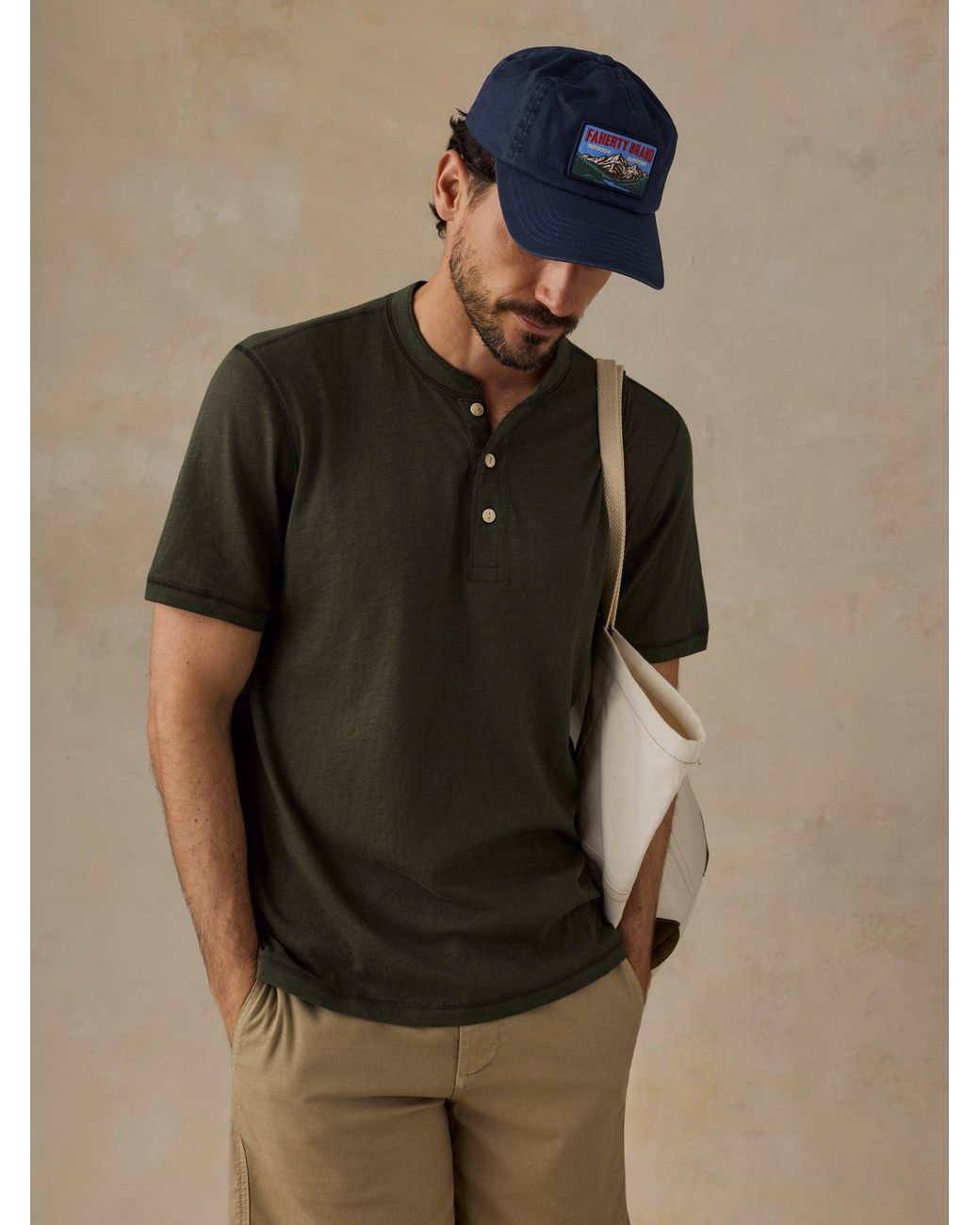 Faherty Brand Green Short-Sleeve Sunwashed Regenerative Henley T-Shirt for men
